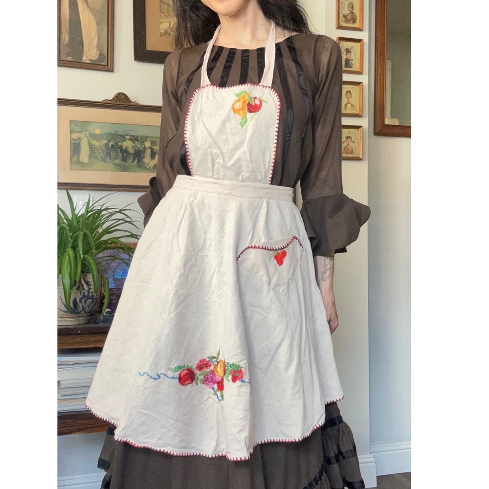 Vintage Handmade Embroidered Fruit Bib Apron Cottagecore Cross Stitch Cream